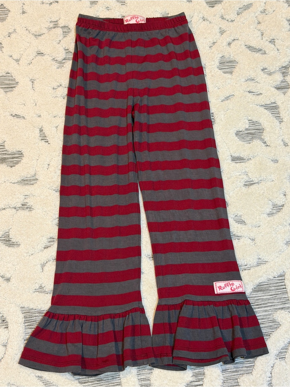 Ruffle Butts Garnet & Gray Striped Ruffle Hem Kids Ruffle Pants size 10
